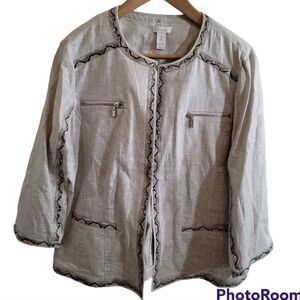 Chico's Linen Blend Jacket with Snake Trim 2 Large Beige Open Front